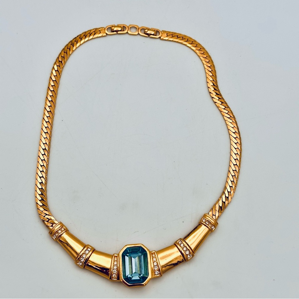 Christian Dior Vintage 80’s Aqua Blue Crystal Gold Tone Chunky Necklace